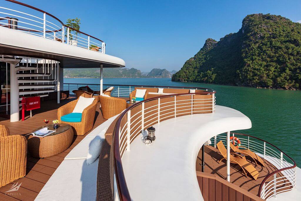 Halong Bay to Lan Ha Bay Cruise with the luxury Capella Cruises - showing the deck 