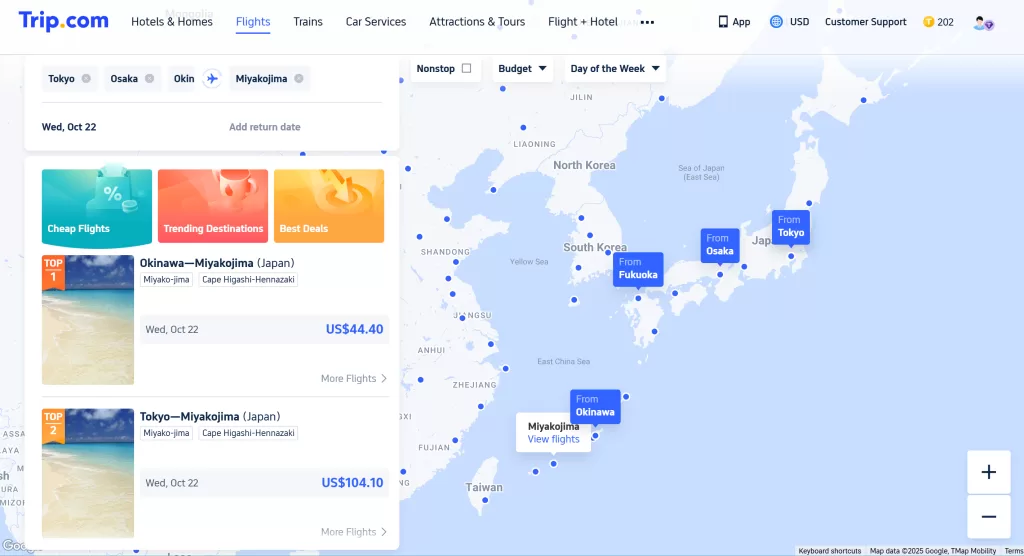 screen shot of the trip.com multiple city booking option